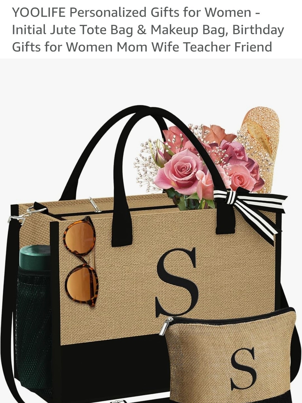 Personalized Jute Tote Bag with Makeup Pouch - Tan & Black